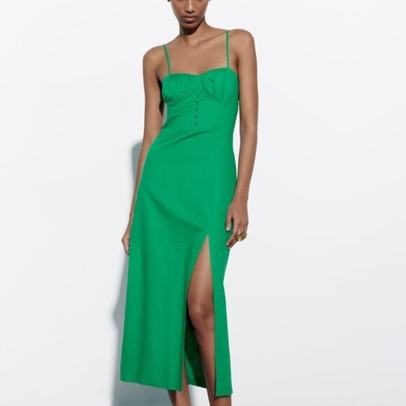 Zara Linen Blend Corset Midi Slit Dress Green Size Medium - Picture 2 of 13